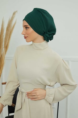 Çapraz Dikim Tasarım Şifon Hazır Türban,HT-30 Koyu Yeşil