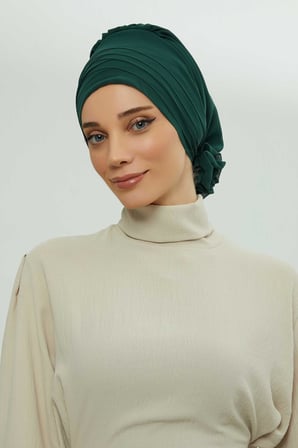 Çapraz Dikim Tasarım Şifon Hazır Türban,HT-30 Koyu Yeşil