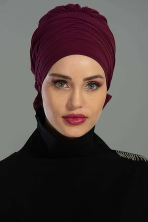 Çapraz Dikim Tasarım Şifon Hazır Türban,HT-30 Mürdüm