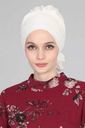 Çapraz Dikim Tasarım Şifon Hazır Türban,HT-30 Krem