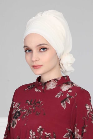 Çapraz Dikim Tasarım Şifon Hazır Türban,HT-30 Krem