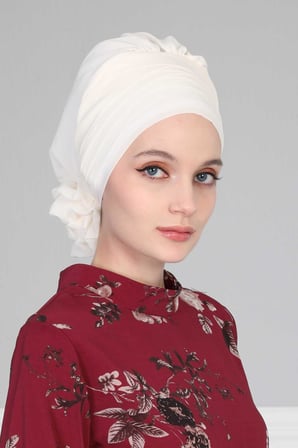 Çapraz Dikim Tasarım Şifon Hazır Türban,HT-30 Krem