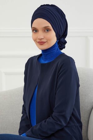 Çapraz Dikim Tasarım Şifon Hazır Türban,HT-30 Lacivert