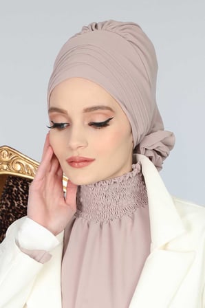 Çapraz Dikim Tasarım Şifon Hazır Türban,HT-30 Vizon