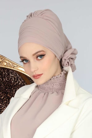 Çapraz Dikim Tasarım Şifon Hazır Türban,HT-30 Vizon
