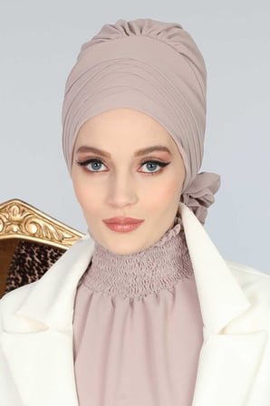 Çapraz Dikim Tasarım Şifon Hazır Türban,HT-30 Vizon