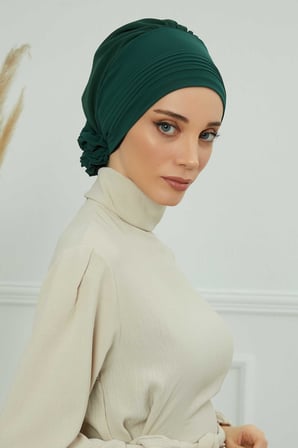 Pileli Tasarım Şifon Hazır Türban,HT-31,HT-31 Koyu Yeşil