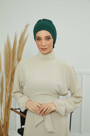 Pileli Tasarım Şifon Hazır Türban,HT-31,HT-31 Koyu Yeşil