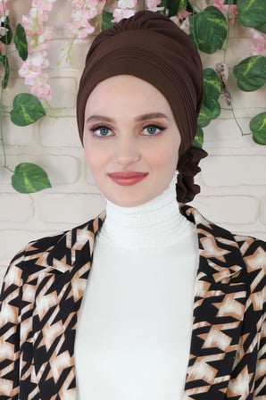 Pileli Tasarım Şifon Hazır Türban,HT-31,HT-31 Kahverengi