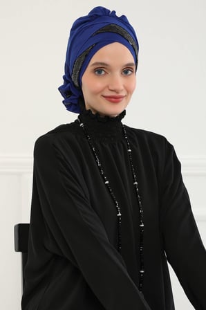 Parlak Payetli Özel Tasarım Şifon Hazır Türban,HT-47P Saks - Siyah