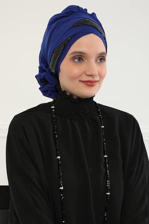 Parlak Payetli Özel Tasarım Şifon Hazır Türban,HT-47P Saks - Siyah