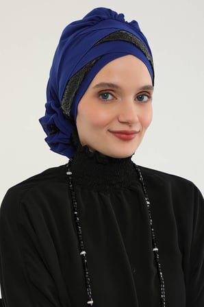 Parlak Payetli Özel Tasarım Şifon Hazır Türban,HT-47P Saks - Siyah