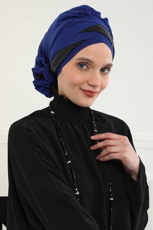 Parlak Payetli Özel Tasarım Şifon Hazır Türban,HT-47P Saks - Siyah