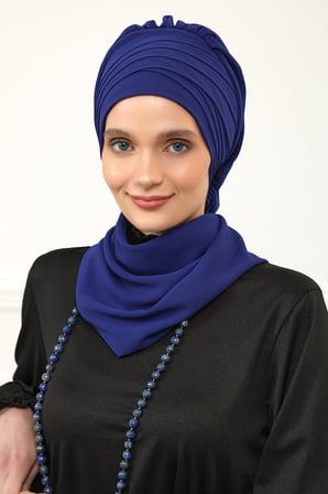 Çapraz Dikim Fularlı Tasarım Şifon Hazır Türban,HT-48 Saks Mavisi