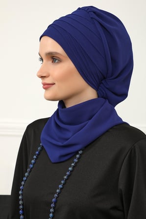 Çapraz Dikim Fularlı Tasarım Şifon Hazır Türban,HT-48 Saks Mavisi