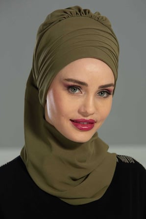 Çapraz Dikim Fularlı Tasarım Şifon Hazır Türban,HT-48 Haki Yeşili