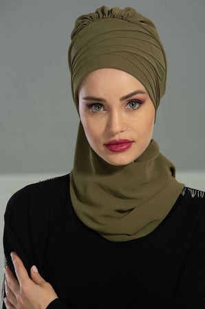 Çapraz Dikim Fularlı Tasarım Şifon Hazır Türban,HT-48 Haki Yeşili
