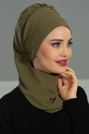 Çapraz Dikim Fularlı Tasarım Şifon Hazır Türban,HT-48 Haki Yeşili