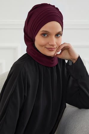 Çapraz Dikim Fularlı Tasarım Şifon Hazır Türban,HT-48 Mürdüm