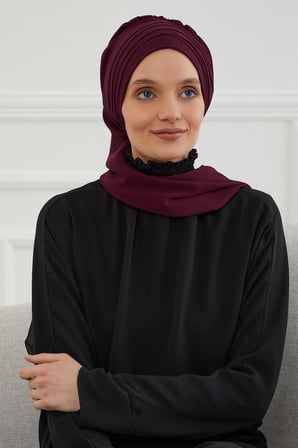 Çapraz Dikim Fularlı Tasarım Şifon Hazır Türban,HT-48 Mürdüm