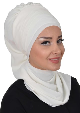 Çapraz Dikim Fularlı Tasarım Şifon Hazır Türban,HT-48 Krem