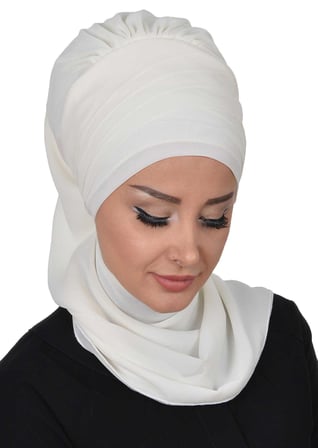 Çapraz Dikim Fularlı Tasarım Şifon Hazır Türban,HT-48 Krem