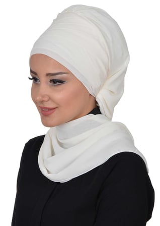 Çapraz Dikim Fularlı Tasarım Şifon Hazır Türban,HT-48 Krem
