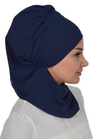 Çapraz Dikim Fularlı Tasarım Şifon Hazır Türban,HT-48 Lacivert