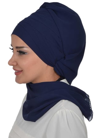 Çapraz Dikim Fularlı Tasarım Şifon Hazır Türban,HT-48 Lacivert