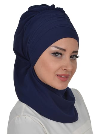 Çapraz Dikim Fularlı Tasarım Şifon Hazır Türban,HT-48 Lacivert