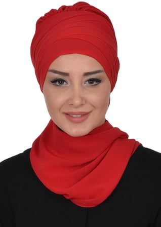 Çapraz Dikim Fularlı Tasarım Şifon Hazır Türban,HT-48 Kırmızı