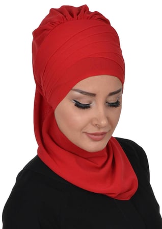 Çapraz Dikim Fularlı Tasarım Şifon Hazır Türban,HT-48 Kırmızı