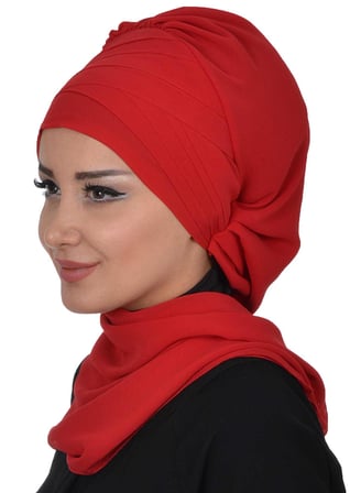 Çapraz Dikim Fularlı Tasarım Şifon Hazır Türban,HT-48 Kırmızı