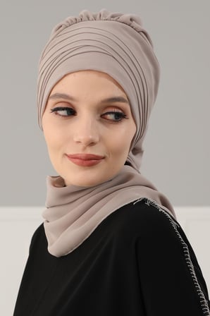 Çapraz Dikim Fularlı Tasarım Şifon Hazır Türban,HT-48 Vizon