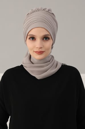 Çapraz Dikim Fularlı Tasarım Şifon Hazır Türban,HT-48 Vizon