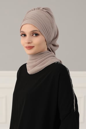 Çapraz Dikim Fularlı Tasarım Şifon Hazır Türban,HT-48 Vizon