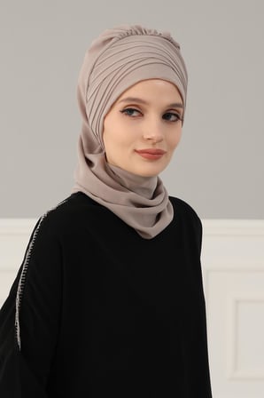 Çapraz Dikim Fularlı Tasarım Şifon Hazır Türban,HT-48 Vizon