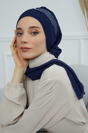 Dantel Aksesuarlı Fularlı Şifon Hazır Türban,HT-53,HT-53 Lacivert