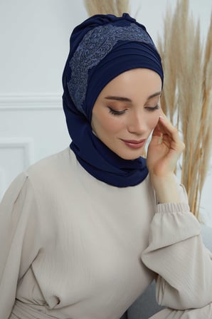 Dantel Aksesuarlı Fularlı Şifon Hazır Türban,HT-53,HT-53 Lacivert