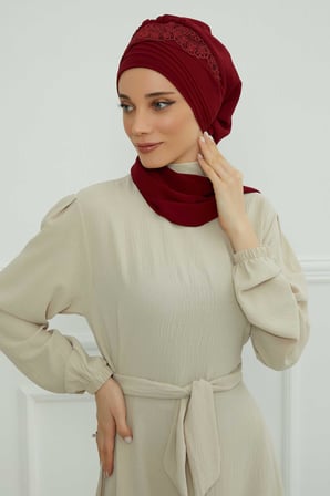 Dantel Aksesuarlı Fularlı Şifon Hazır Türban,HT-53,HT-53 Bordo