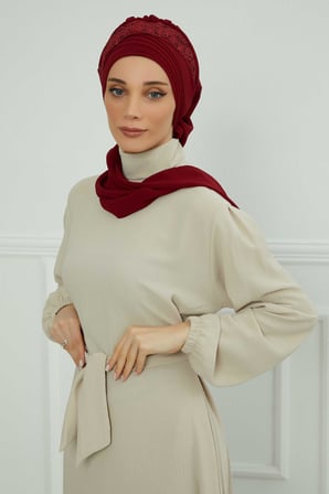 Dantel Aksesuarlı Fularlı Şifon Hazır Türban,HT-53,HT-53 Bordo