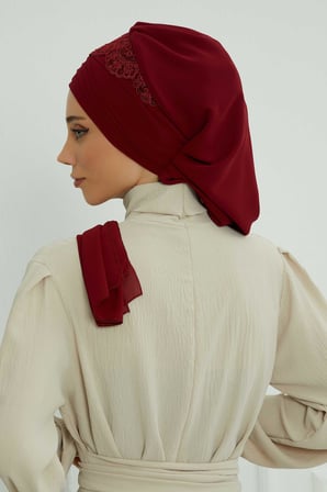 Dantel Aksesuarlı Fularlı Şifon Hazır Türban,HT-53,HT-53 Bordo