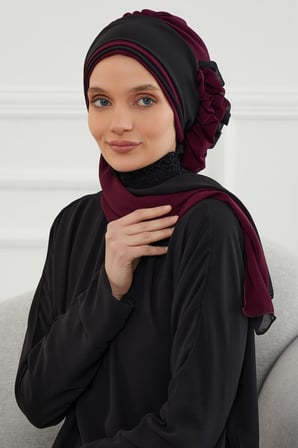 Çift Renkli Tasarım Şifon Hazır Türban,HT-86 Mürdüm - Siyah