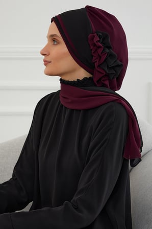 Çift Renkli Tasarım Şifon Hazır Türban,HT-86 Mürdüm - Siyah