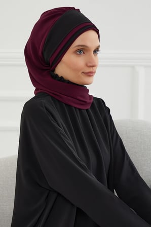 Çift Renkli Tasarım Şifon Hazır Türban,HT-86 Mürdüm - Siyah
