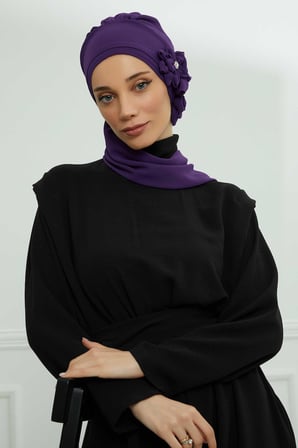 Taş Aksesuarlı Özel Tasarım Şifon Hazır Türban,HT-8 Mor