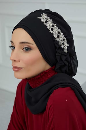 Yandan Fırfırlı Taş Aksesuarlı Şifon Hazır Türban,HT-100,HT-100 Siyah