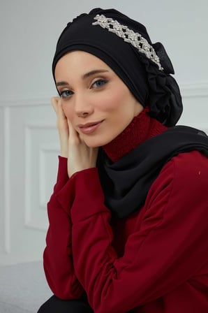 Yandan Fırfırlı Taş Aksesuarlı Şifon Hazır Türban,HT-100,HT-100 Siyah