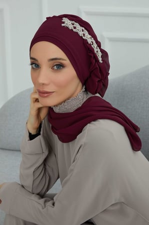 Yandan Fırfırlı Taş Aksesuarlı Şifon Hazır Türban,HT-100,HT-100 Mürdüm