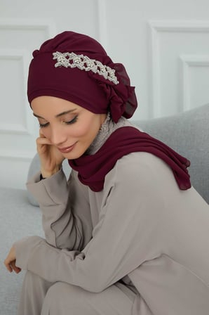 Yandan Fırfırlı Taş Aksesuarlı Şifon Hazır Türban,HT-100,HT-100 Mürdüm